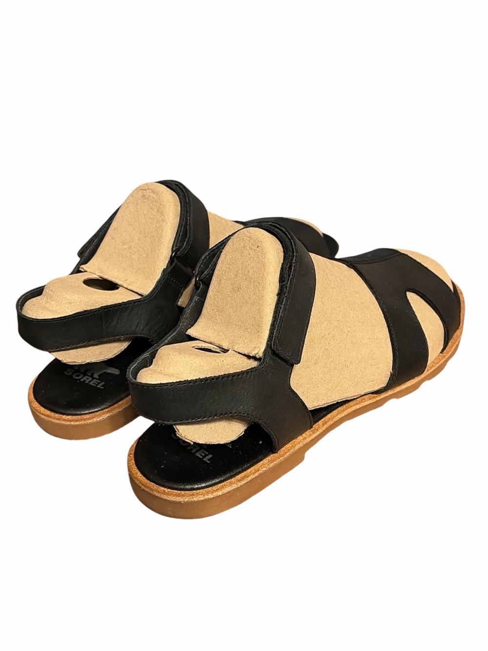 Sorel Black Leather Open-Toe Sandals with Tan Footbed - Picture 3 of 7